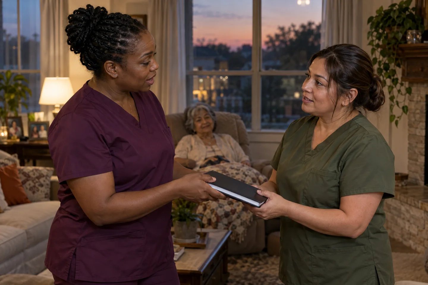 Illustrative scene: Two female caregivers in plum and olive scrubs coordinate an evening handoff while an older woman rests at home