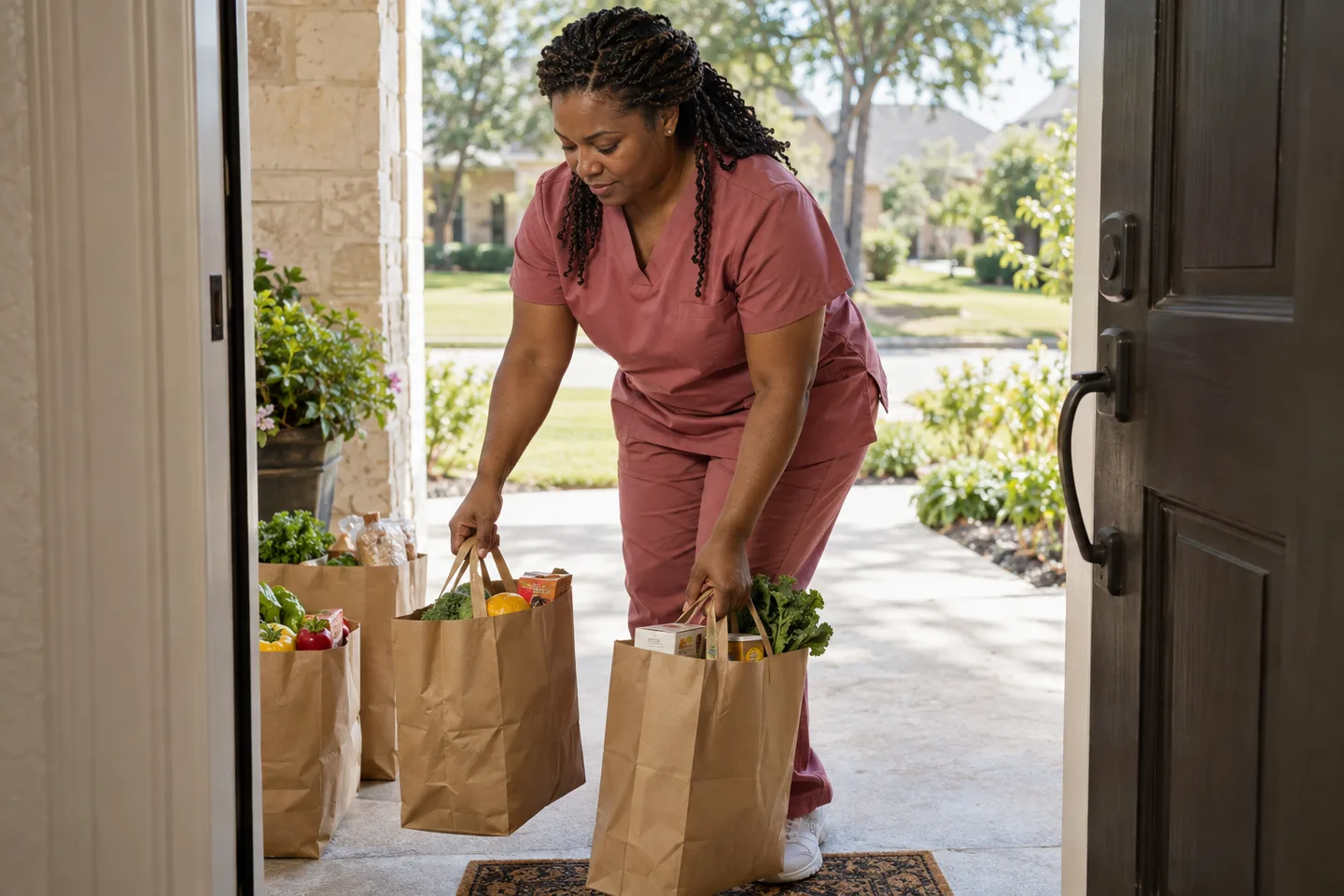 Illustrative scene: A female caregiver in rose scrubs collects paper grocery bags at a home’s open front door