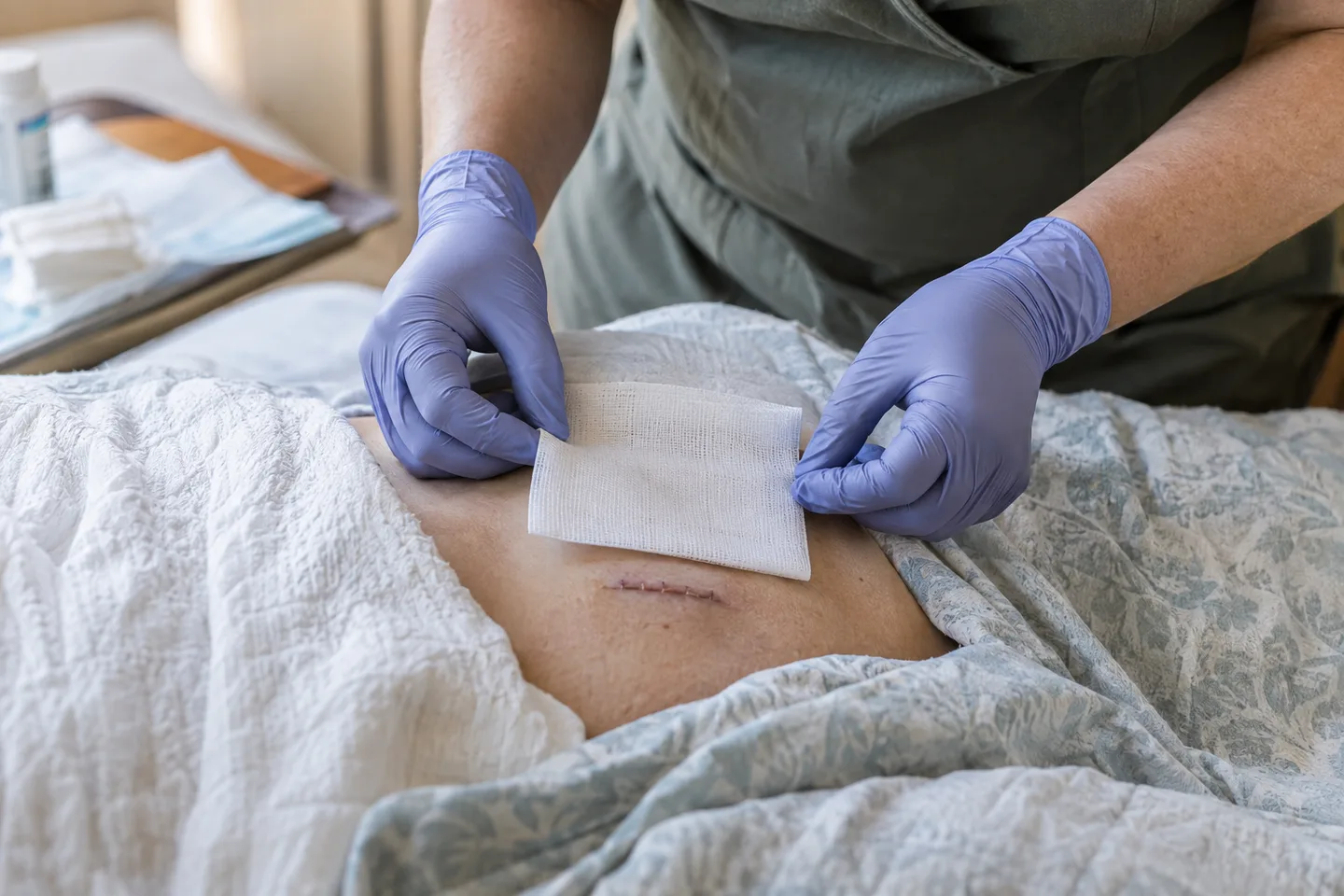 Illustrative scene: Close-up of gloved hands placing a clean dressing over a small healing incision; no face is shown
