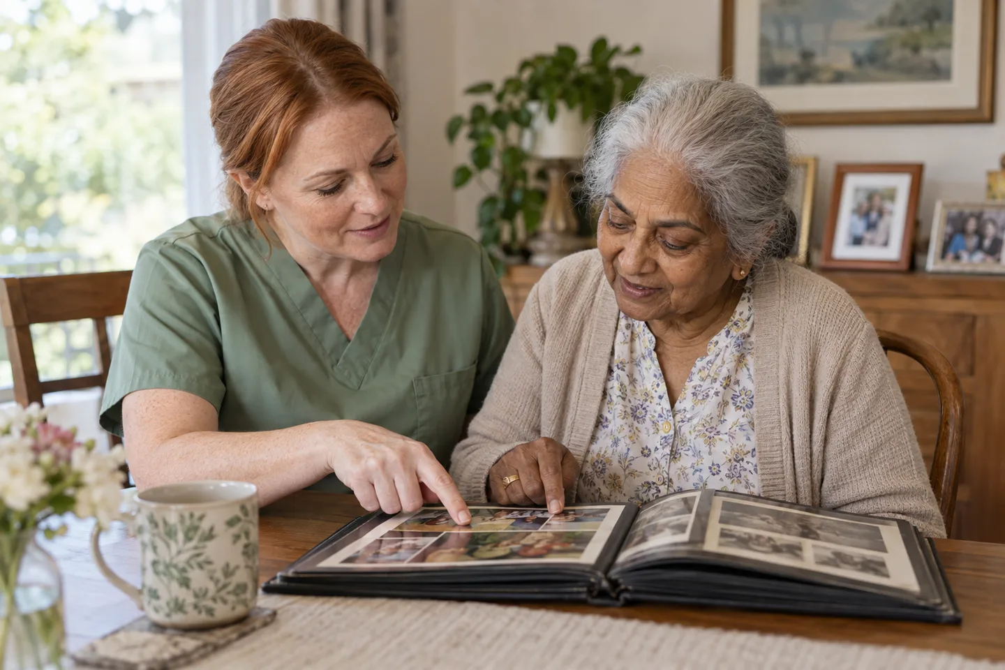 Illustrative scene: A female caregiver and an older woman look through a photo album together in a familiar home