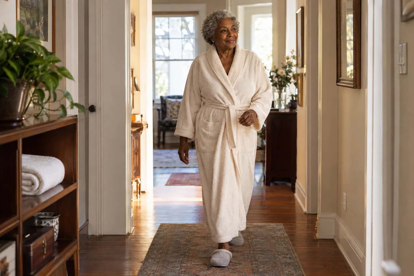 Illustrative scene: An older woman in a fully closed ivory robe and house shoes walks through her bright home hallway