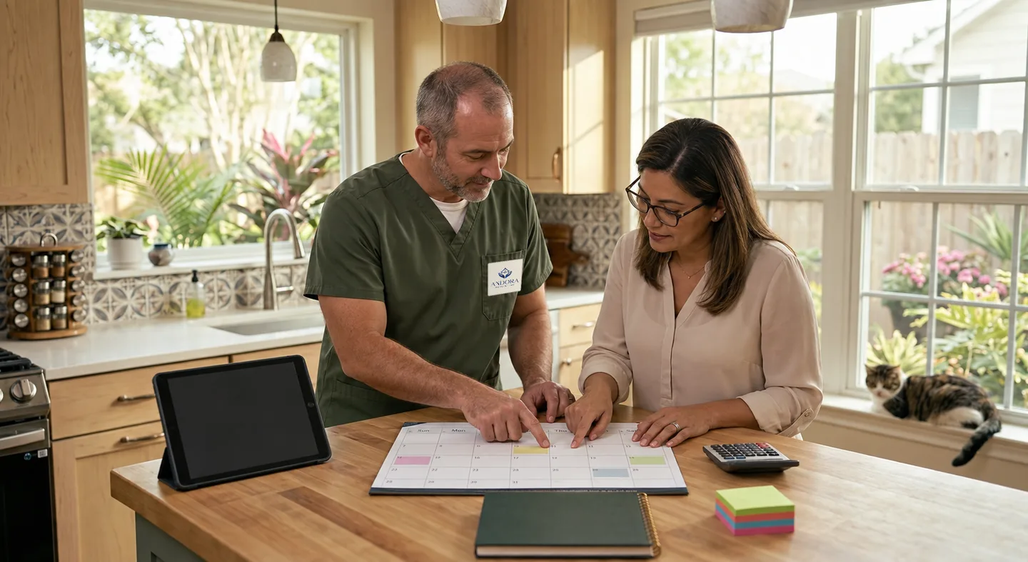 Illustrative scene: A caregiver in olive scrubs and a family member both look down at a calendar to plan respite visits