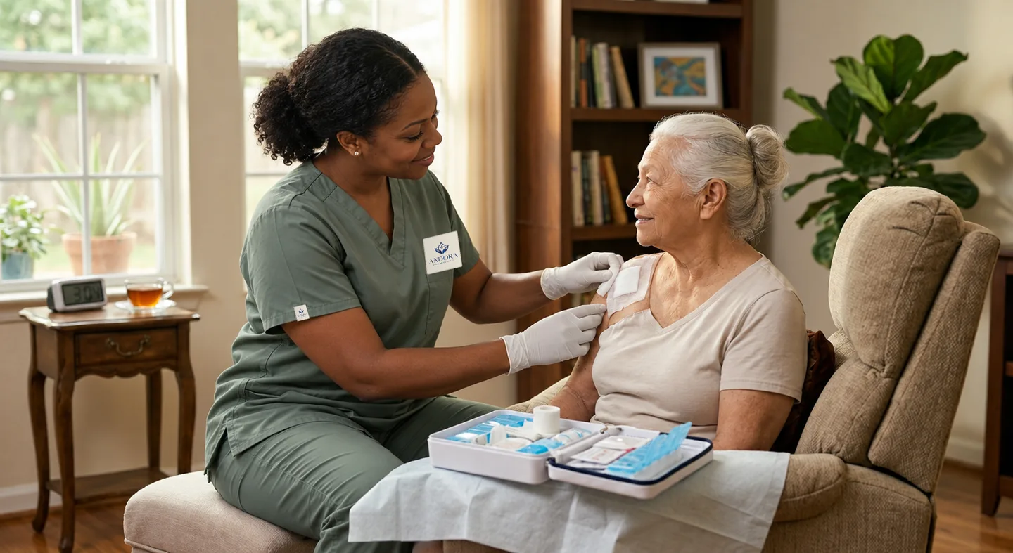 Illustrative scene: A female nurse in sage scrubs checks a covered shoulder dressing during a home recovery visit