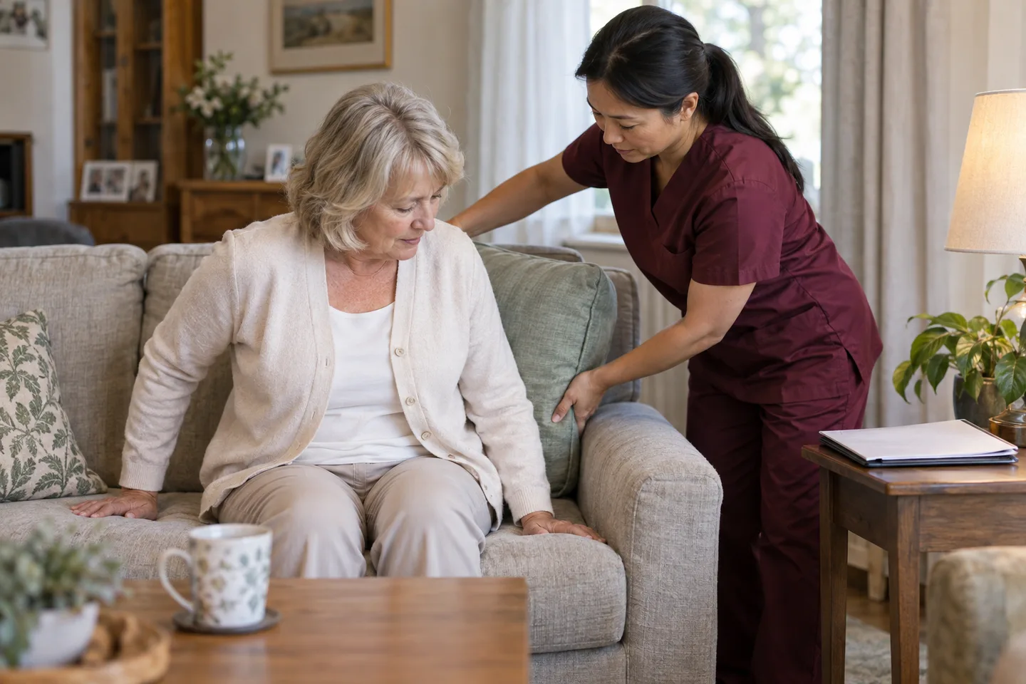 Illustrative scene: A female caregiver in burgundy scrubs helps a woman settle comfortably with a cushion during recovery at home