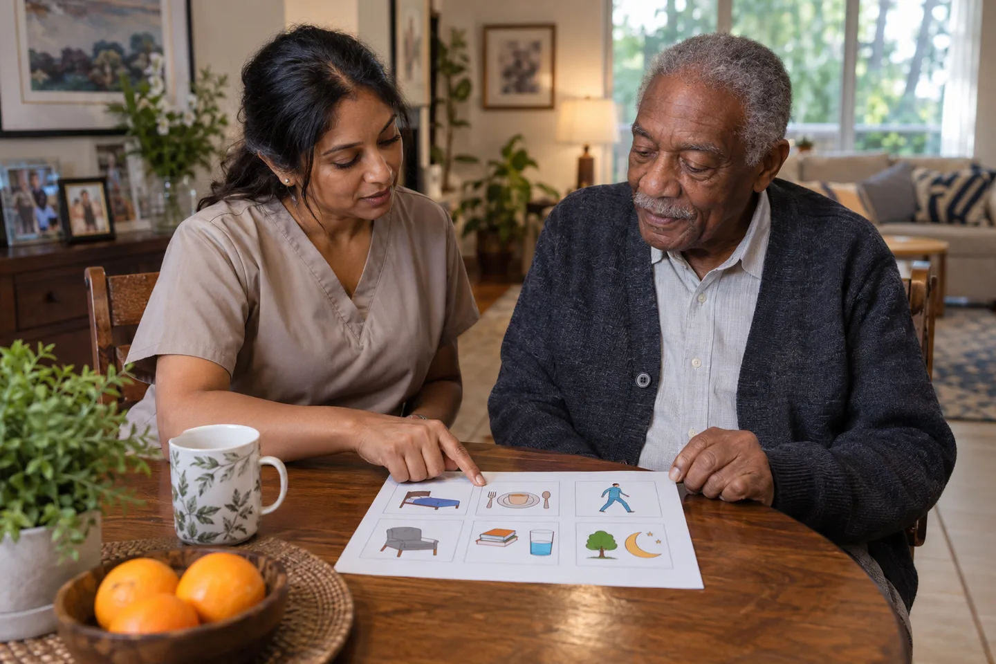 Illustrative scene: A female caregiver and an older man review an illustrated daily routine together at a home dining table