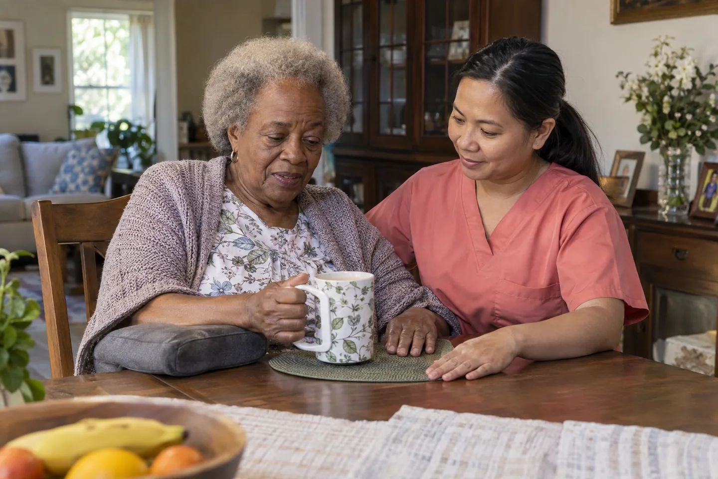 Illustrative scene: A female caregiver supports an older woman with a cup and an everyday dining task at home