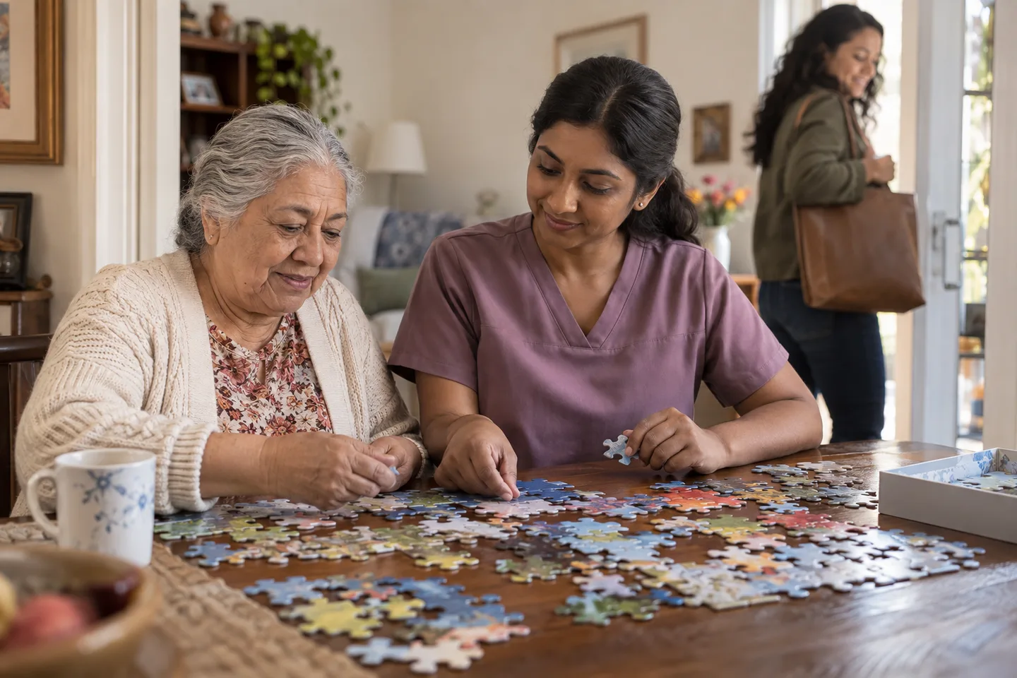 Illustrative scene: An older woman and a female caregiver work on a puzzle while a family member prepares to take a break