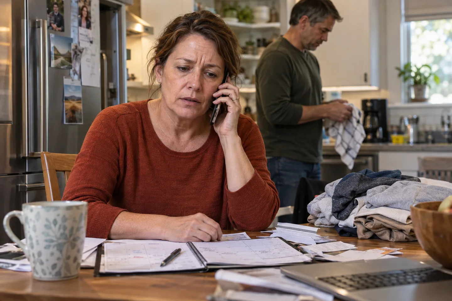 Illustrative scene: A worried family caregiver makes a phone call for support amid everyday household tasks